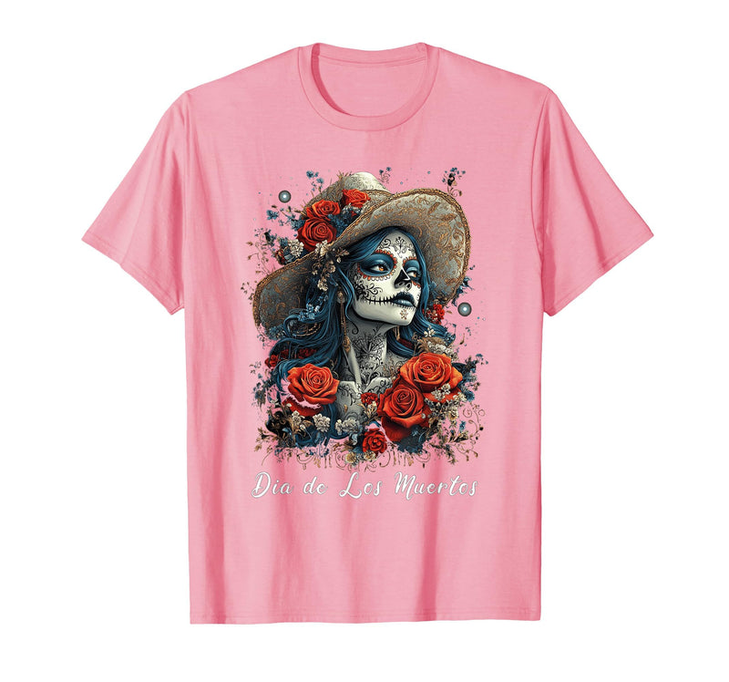 DIRHAME Dia De Los Muertos Mexican Sugar Skull Girl Halloween Dia De Los Muertos T-Shirt - Pink