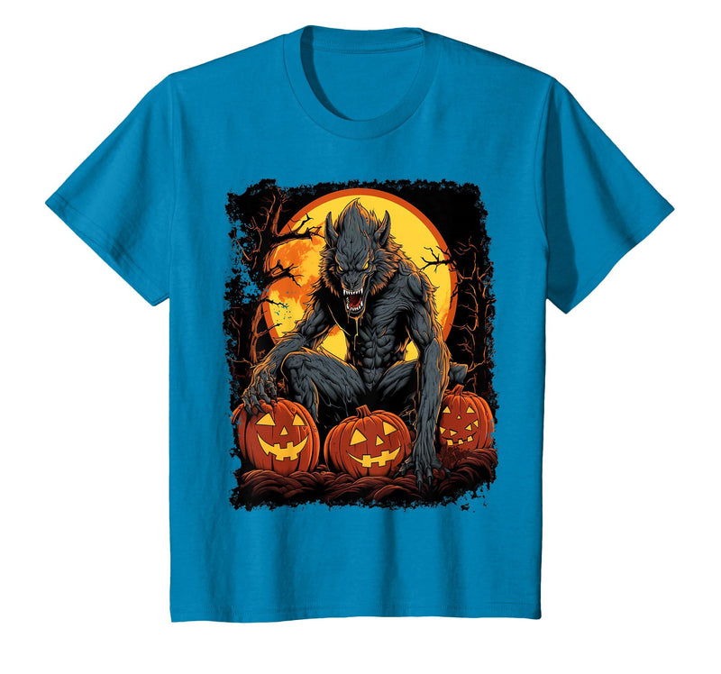 FrightNightFits Werewolf Orange Halloween T-Shirt - Sapphire Blue