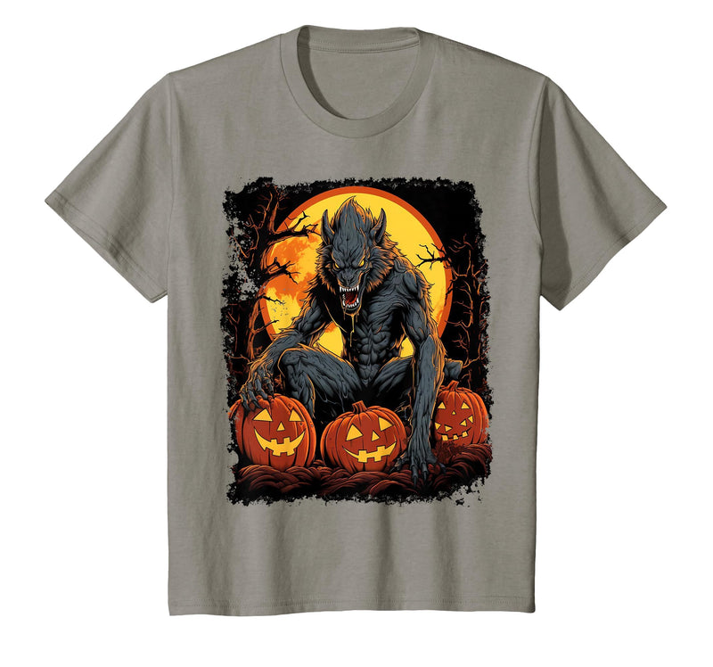 FrightNightFits Werewolf Orange Halloween T-Shirt - Slate Grey