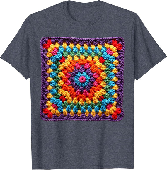 Granny Square Crochet Pattern Seventies Retro T-Shirt - Heather Blue