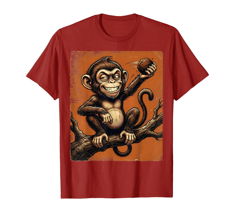 Mademark Smug Monkey Throwing Poop Funny Graphic T-Shirt - Men - Cranberry Red