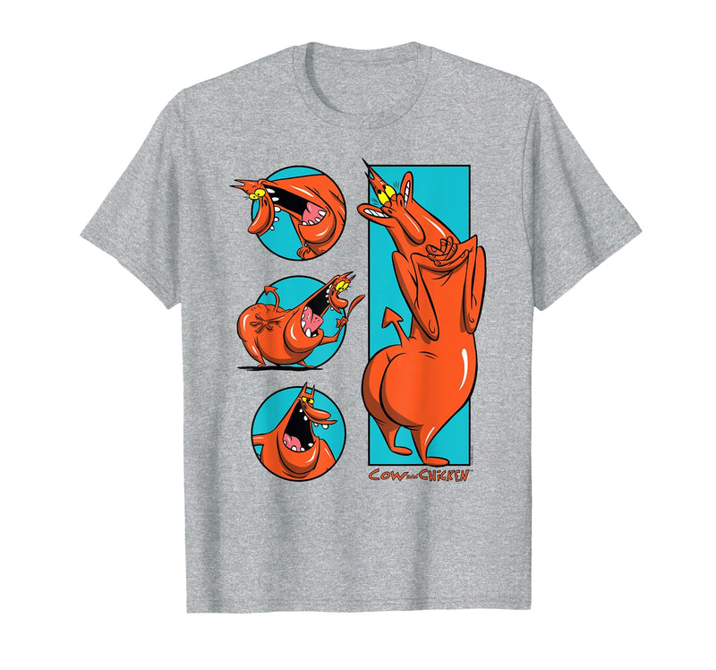 Cow and Chicken Red Guy Poses Collage Cartoon T-Shirt - Heather Grey