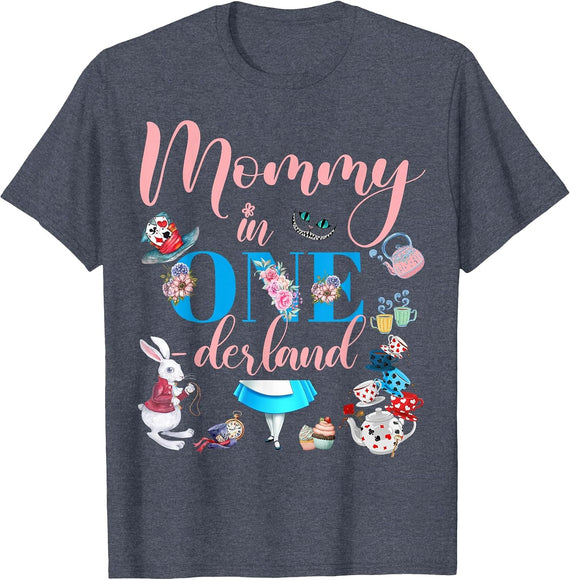 Alice in ONEderland Family Mommy of The Birthday Girl T-Shirt - Heather Blue