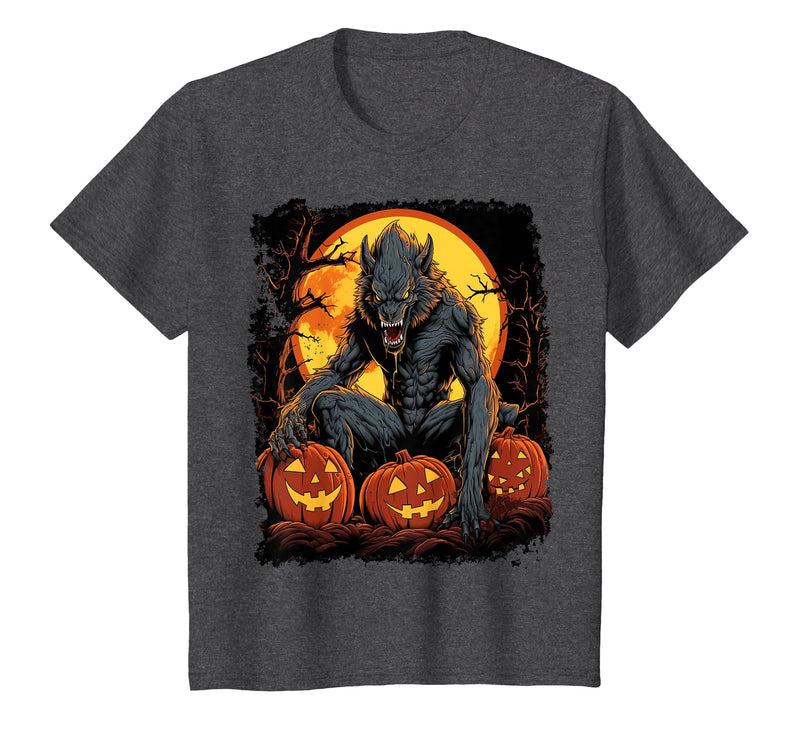 FrightNightFits Werewolf Orange Halloween T-Shirt - Dark Heather Grey