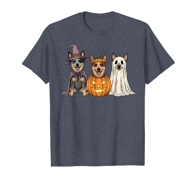 Funny Retro Australian Cattle Dog Halloween Witch Spooky Ghost Blue Heeler Pumpkin Halloween Dog Lover T-Shirt - Heather Blue