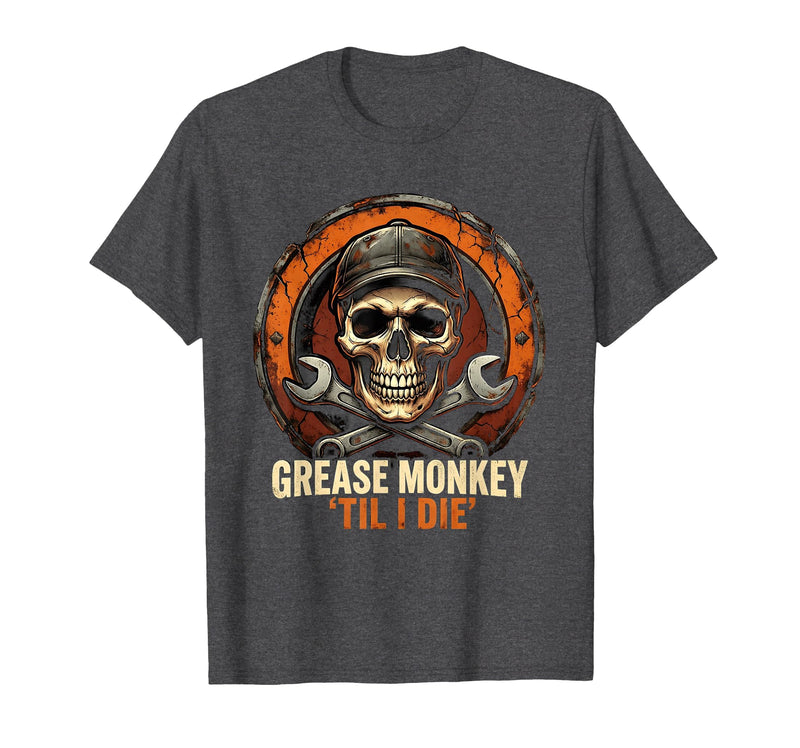 Mademark Grease Monkey 'Til I Die Mechanic Skull Design T-Shirt - Men - Dark Heather Grey