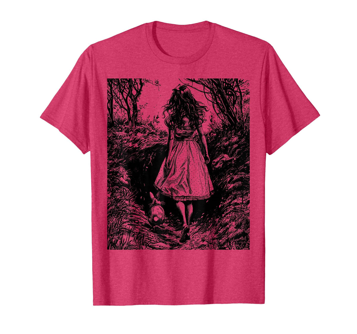 Alice in Wonderland - Down the Rabbit Hole Fantasy Vintage T-Shirt in Red Heather