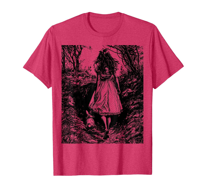 Alice in Wonderland - Down the Rabbit Hole Fantasy Vintage T-Shirt in Red Heather