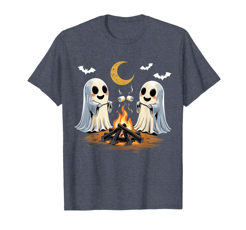 Halloween Tees and Spooky Ghosts Designs Ghosts Roasting Marshmallows Halloween Night Cute Novelty T-Shirt - Heather Blue