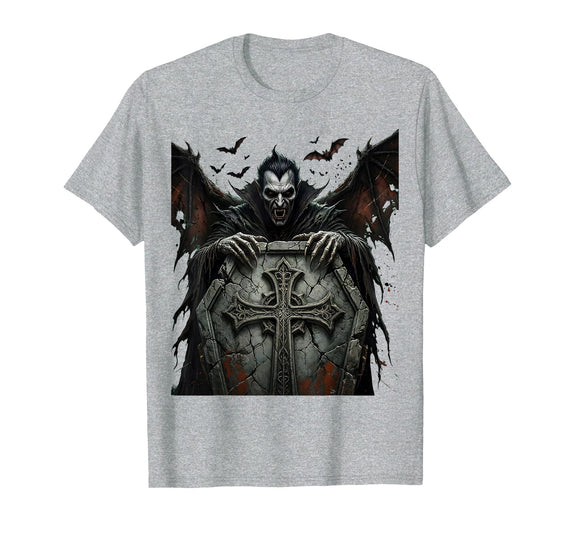 Mademark Vampire Rising From Gothic Stone Coffin Halloween T-Shirt - Heather Grey