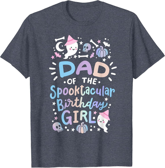 Dad of the Spooktacular Birthday Girl Halloween Family T-Shirt - Heather Blue