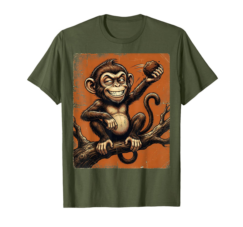 Mademark Smug Monkey Throwing Poop Funny Graphic T-Shirt - Men - Olive Green