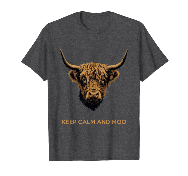 Mademark Keep Calm and Moo Highland Cow Design T-Shirt - Dark Heather Grey