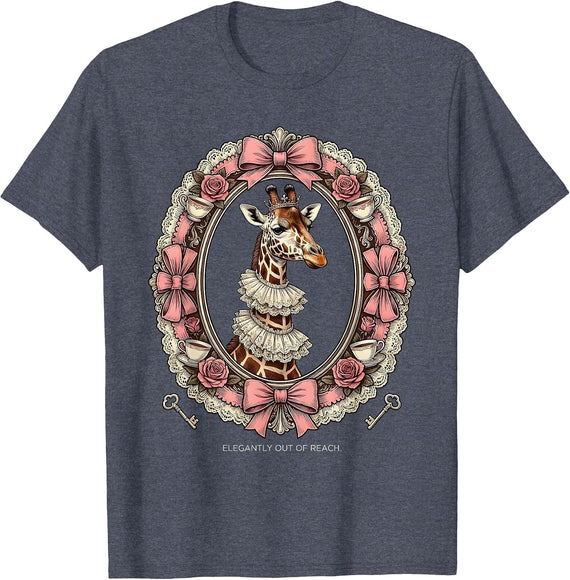 Elegantly Out of Reach Giraffe Design T-Shirt - Heather Blue
