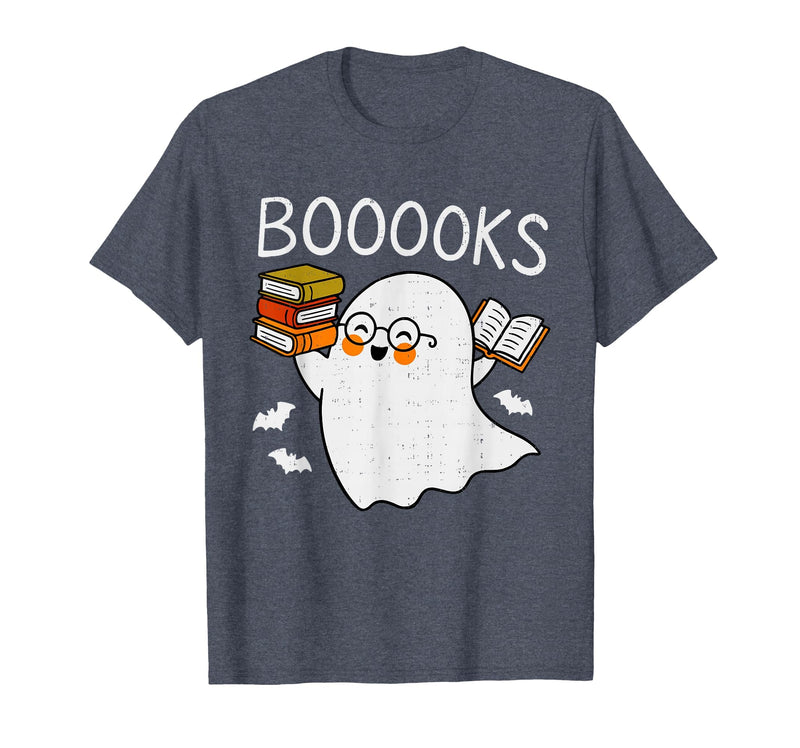 Halloween Tees for Women Men Kids Booooks Ghost Reading Halloween Library Librarian Teacher T-Shirt - Heather Blue