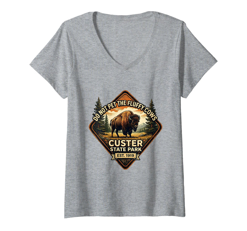 Mademark Women's Do Not Pet The Fluffy Cows Custer State Park Design V-Neck T-Shirt - Heather Grey