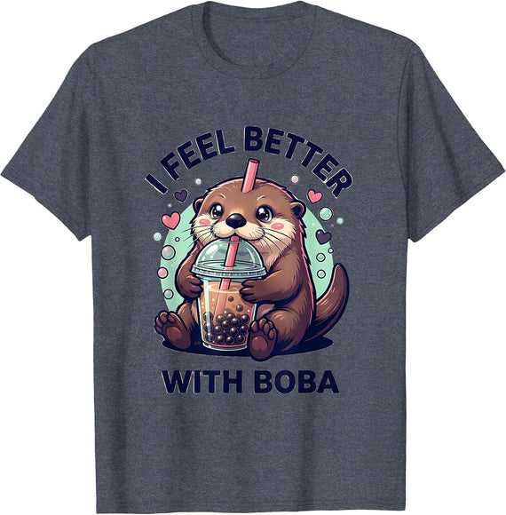 I Feel Better With Boba Kawaii Anime Otter Boba Tea Lover T-Shirt - Heather Blue