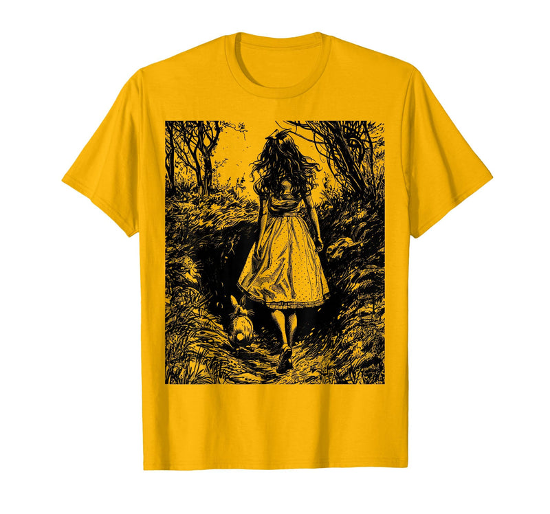 Alice in Wonderland - Down the Rabbit Hole Fantasy Vintage T-Shirt in Golden Yellow