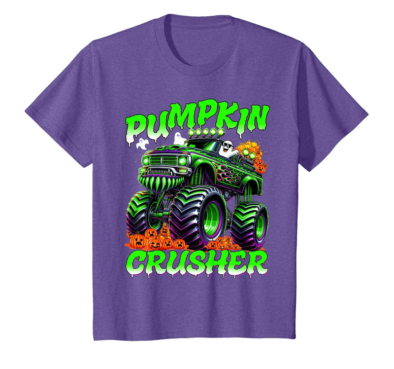 Pumpkin Crusher Kids Tees Pumpkin Crusher Monster Truck Ghosts Halloween for Boys T-Shirt - Purple Heather