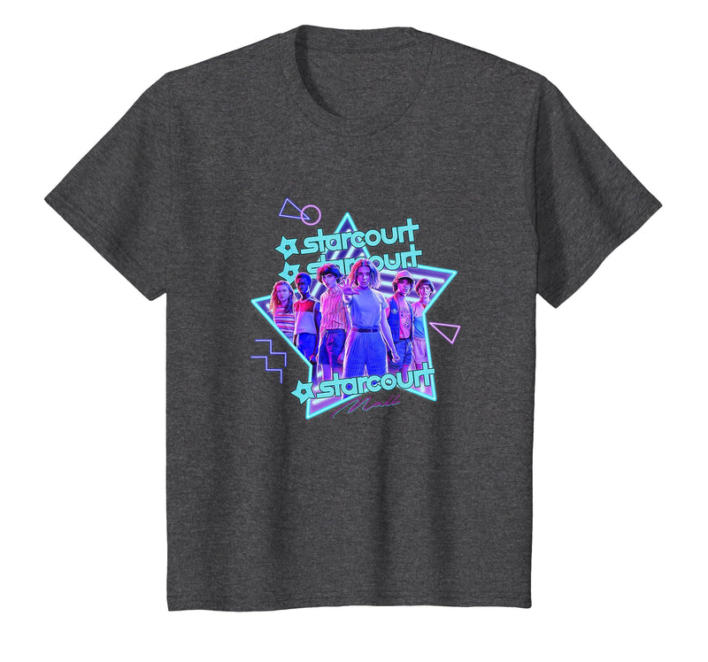 Stranger Things Starcourt Mall Vintage Neon Group Portrait T-Shirt - Dark Heather Grey