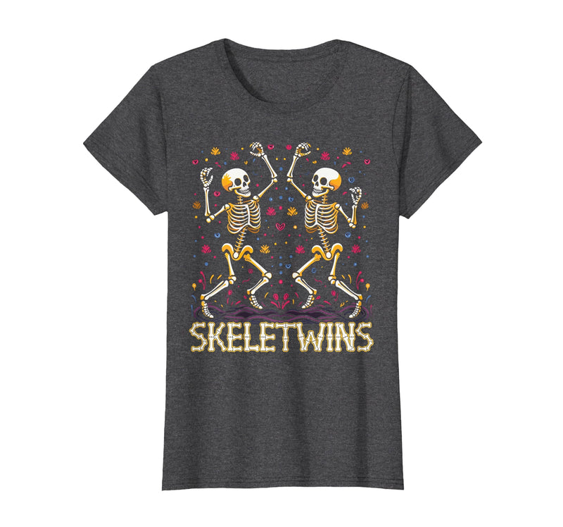 Spirit Week Twin Day Skeletwins Halloween Twins Dancing Skeletons Twins Halloween Matching Skeletwins T-Shirt - Dark Heather
