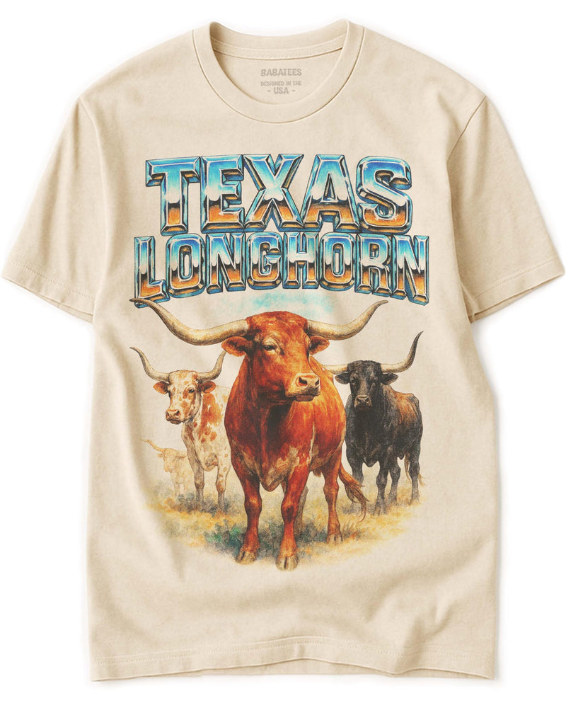BABATEES Farm Animals Heavy Metal Tshirt for Men, Women & Farmers - 100% Natural Undyed Cotton - Texas Longhorn