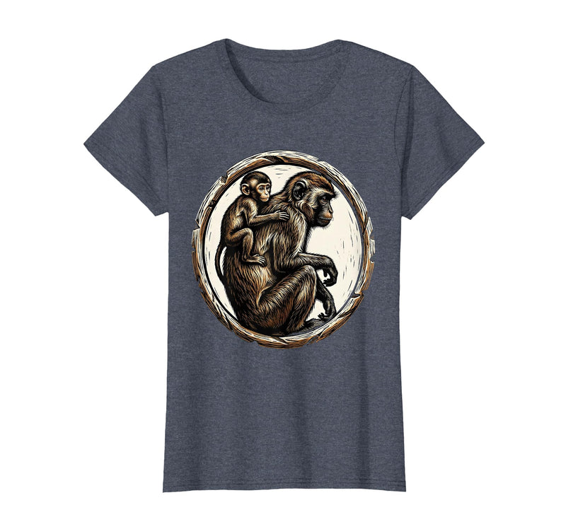Mademark Baby Monkey Clinging to Mother's Back Design T-Shirt - Women - Heather Blue