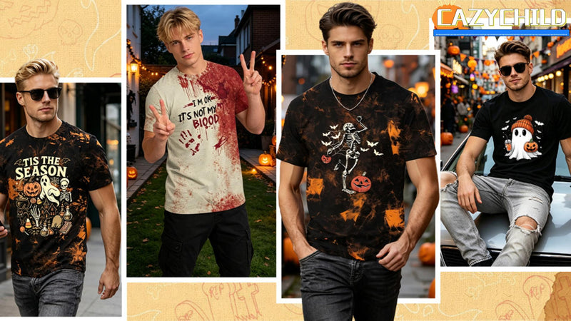 CAZYCHILD Halloween Shirts for Men Funny Halloween Pumpkin Shirt Dancing Skeleton Tee - size chart