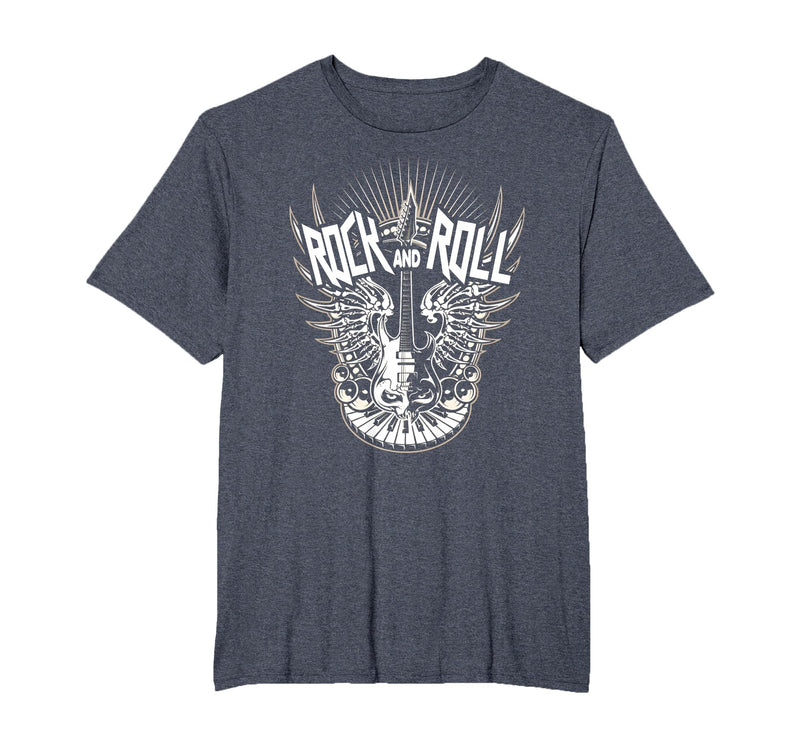 Rock and Roll Music Vintage Retro Gifts Vintage 80s Rock & Roll Music Electric Guitar Skeleton Wings T-Shirt - Heather Blue