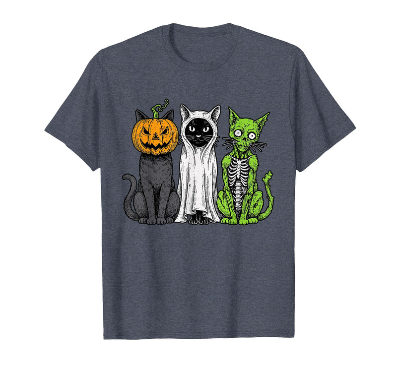 Halloween Tees for Women Men Kids Skeleton Cat Pumpkin Ghost Halloween Kitty Meow Girl Boy Kid T-Shirt - Heather Blue