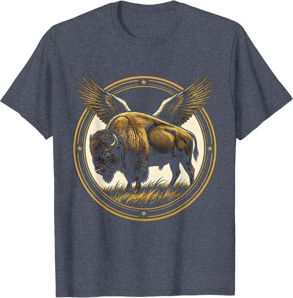 Patriotic Buffalo Prairie Grassland Illustration T-Shirt - Heather Blue