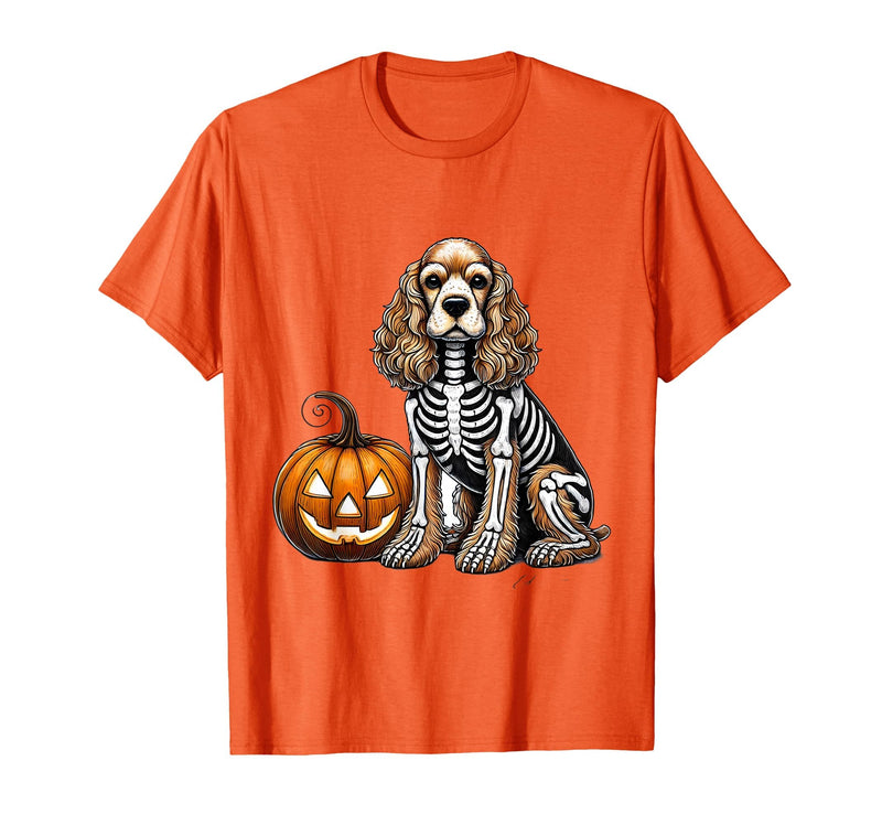 Spooky Cocker Spaniel Skeleton Costumes Halloween Cocker Spaniel Skeleton Jack O Lantern Funny Dog Halloween T-Shirt - Orange