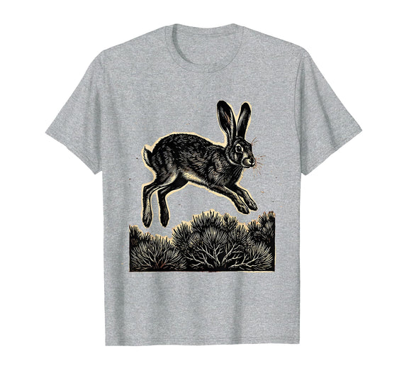Mademark Jackrabbit Leaping Over Desert Sagebrush T-Shirt - Heather Grey