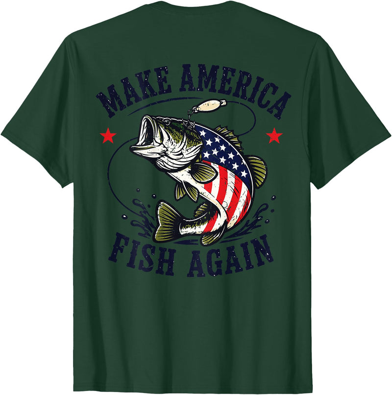 Make America Fish Again Largemouth Bass Patriotic Men Make America Fish Again 4th July Fish Patriotic USA Flag T-Shirt - Dark Green
