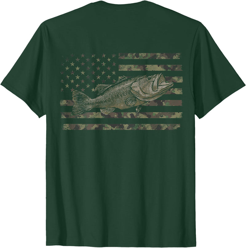 Great American Outdoors Camo Designs Fishing American Flag Camo Bass Fish (Design on Back) T-Shirt - Dark Green