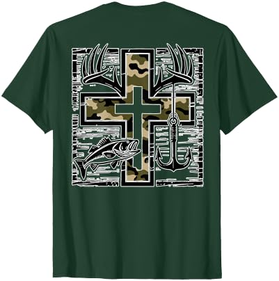 Camo Cross Fishing Faith Christian 2 Sided Hunting Fishing Cross Camo Faith Christian Fisherman Hunter T-Shirt - size chart