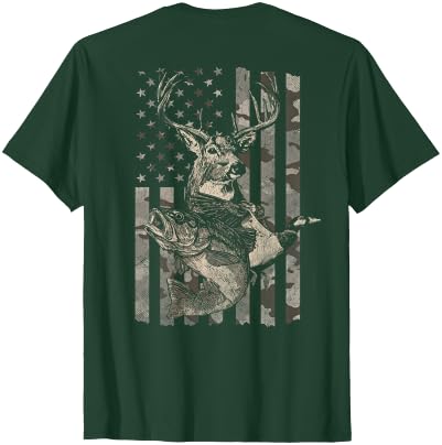 Fishing and Hunting Outdoors Designs Hunting and Fishing American Flag (Design on Front and Back) T-Shirt - size chart