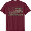 Great American Outdoors Camo Designs Fishing American Flag Camo Bass Fish (Design on Back) T-Shirt - Burgundy