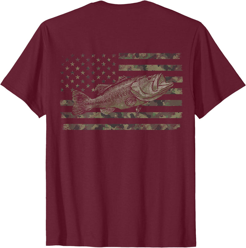 Great American Outdoors Camo Designs Fishing American Flag Camo Bass Fish (Design on Back) T-Shirt - Burgundy