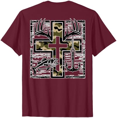 Camo Cross Fishing Faith Christian 2 Sided Hunting Fishing Cross Camo Faith Christian Fisherman Hunter T-Shirt - size chart