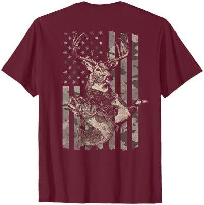 Fishing and Hunting Outdoors Designs Hunting and Fishing American Flag (Design on Front and Back) T-Shirt - size chart