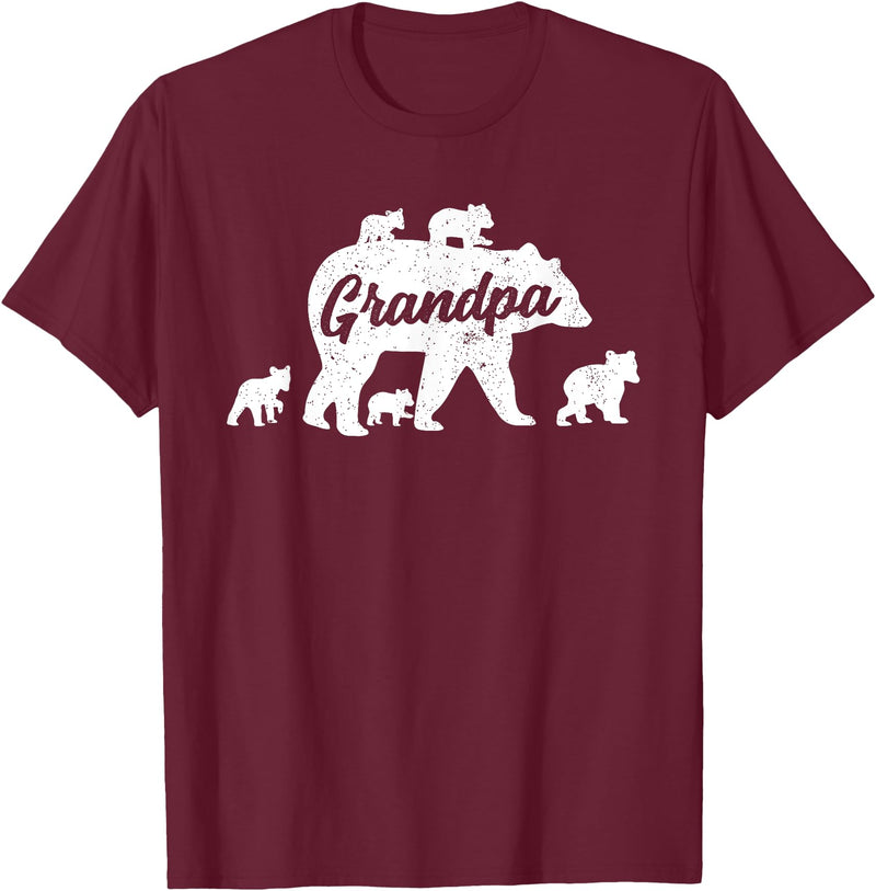 Matching Bear Family Apparel Vintage Grandpa Bear with 5 Cub Father's Day T-Shirt - Burgundy