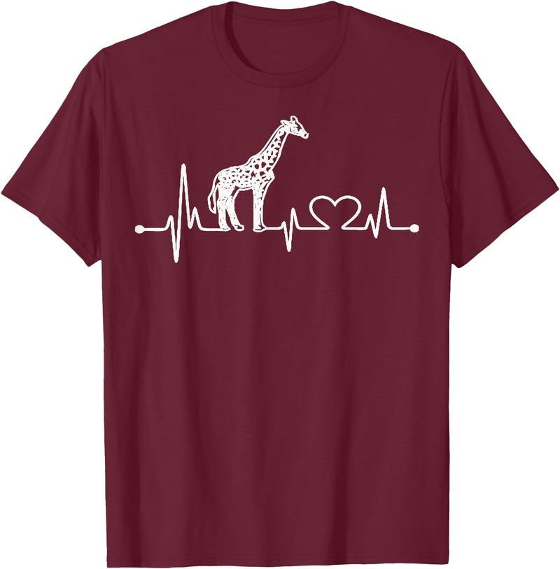 Funny Giraffe Lovers Zoo Animal Apparel Gifts Giraffe Heartbeat Love Line Cute Graphic wildlife Silhouette T-Shirt - Burgundy