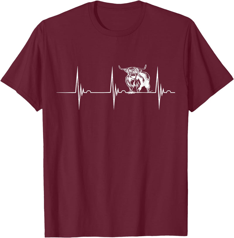 Loveable Highland Cows Hairy Coos Scottish Highland Cow Heartbeat EKG Pulse Highlander Cow T-Shirt - Burgundy