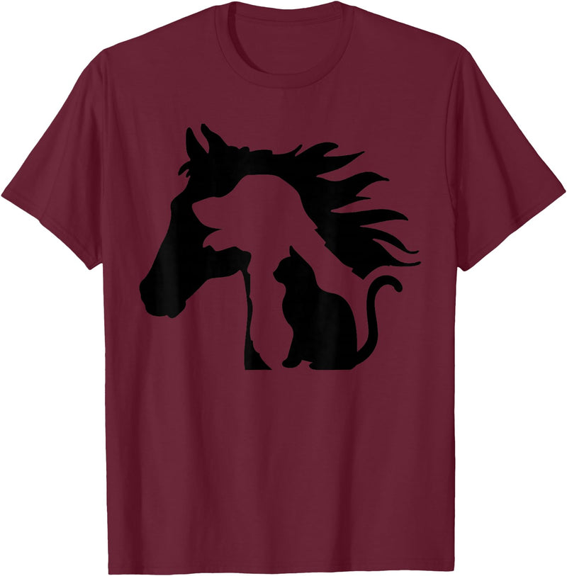 Horse Dog Cat Silhouette Apparel Horse Dog Cat Silhouette Animal Lover for Farmer T-Shirt - Burgundy