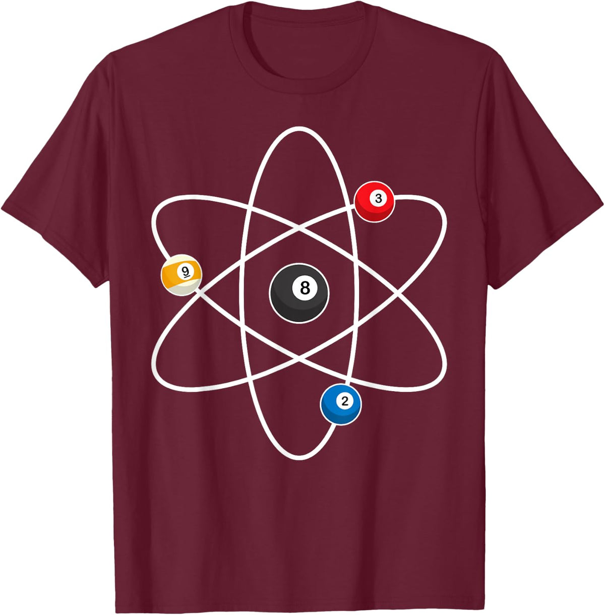 Cool Billiard Design For Men Women Atom Cue Ball Sport Game T-Shirt - Burgundy