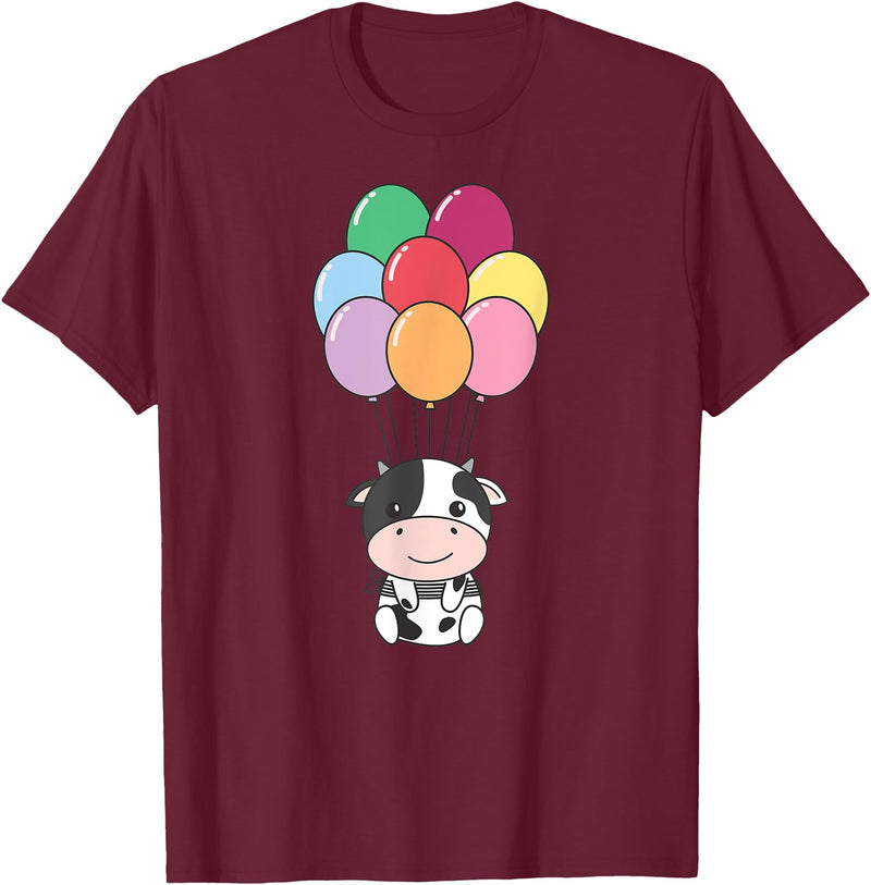 Cute Balloon Animals For Birthday Cow Flies With Colorful Balloons Kawaii Cows T-Shirt - Burgundy