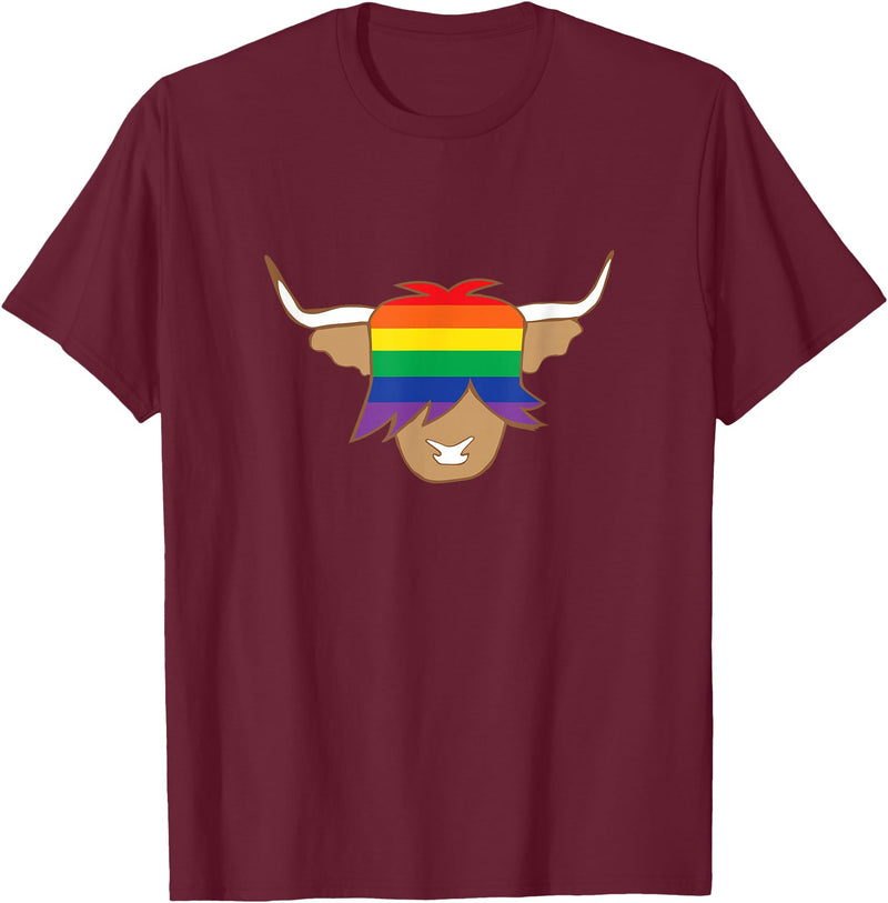 Ayeland co Cute Gay Pride Shirt LGBT flag scottish highland cow t shirt T-Shirt - Burgundy