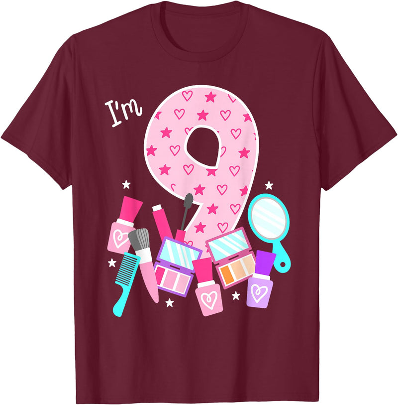 Birthday Girl Spa Squad Outfit Gifts Shop Spa Birthday Party I'm 9 Girls Makeup 9th Bday Kids Toddlers T-Shirt - Burgundy