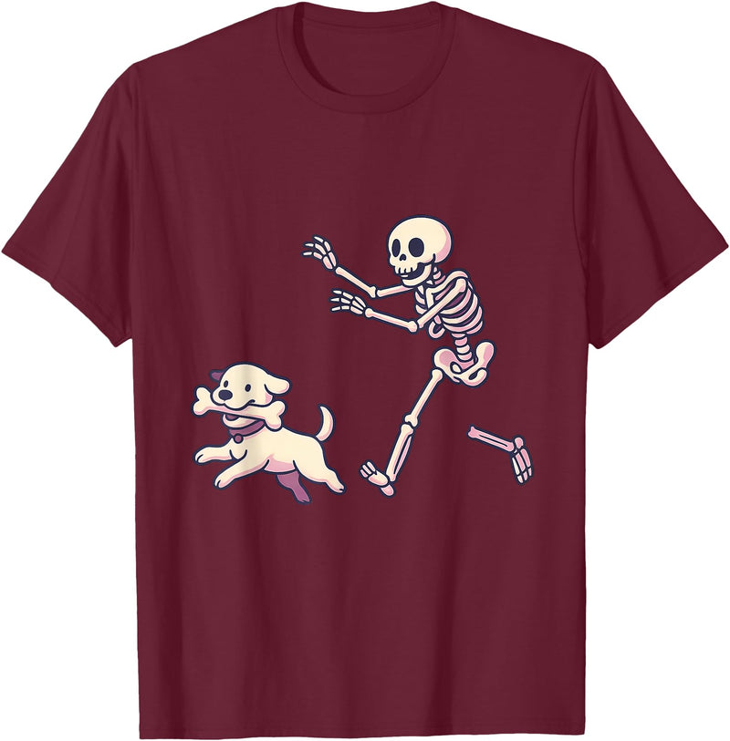 Funny Skeleton Dog Bone Halloween Kawaii Dog Steals Bone from Skeleton Running Halloween T-Shirt - Burgundy